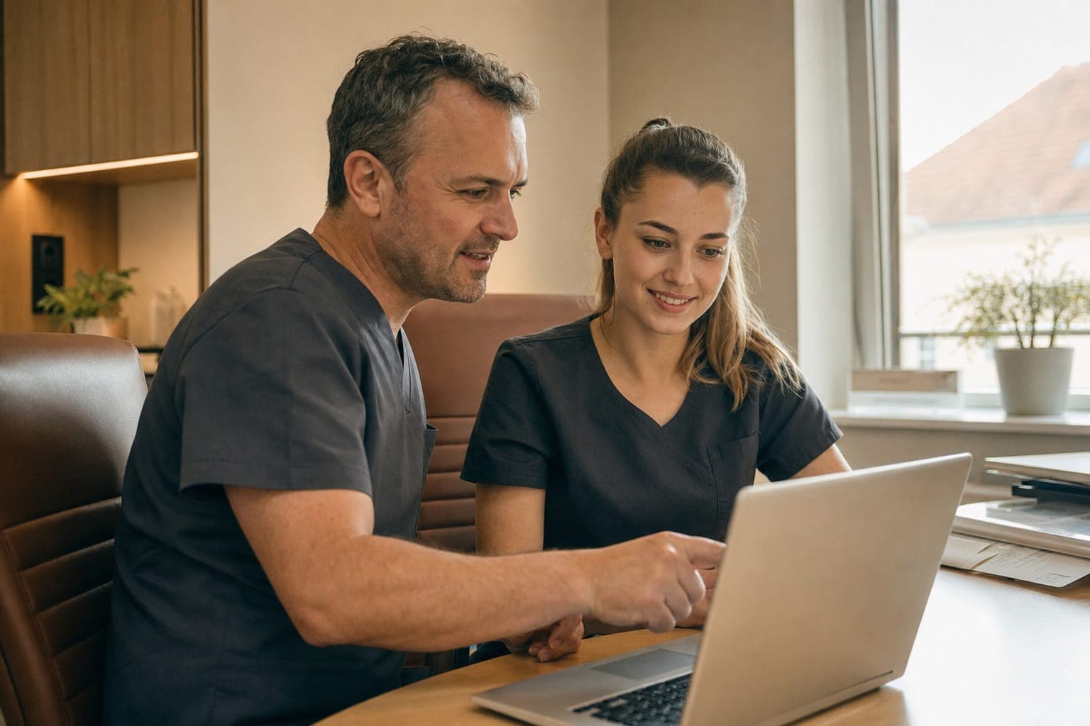 Zwei Personen im Büro besprechen am Laptop die offene Stelle